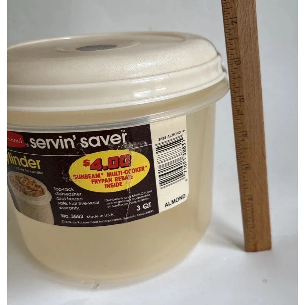 NWT 1986 Rubbermaid Servin Saver 3Qt Round Cylinder Container Almond W/Lid